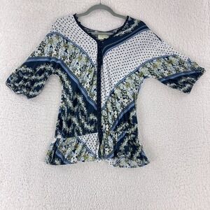 Deletta Blue Floral Mixed Media Half Sleeve Shirt Womens Pullover Size Medium